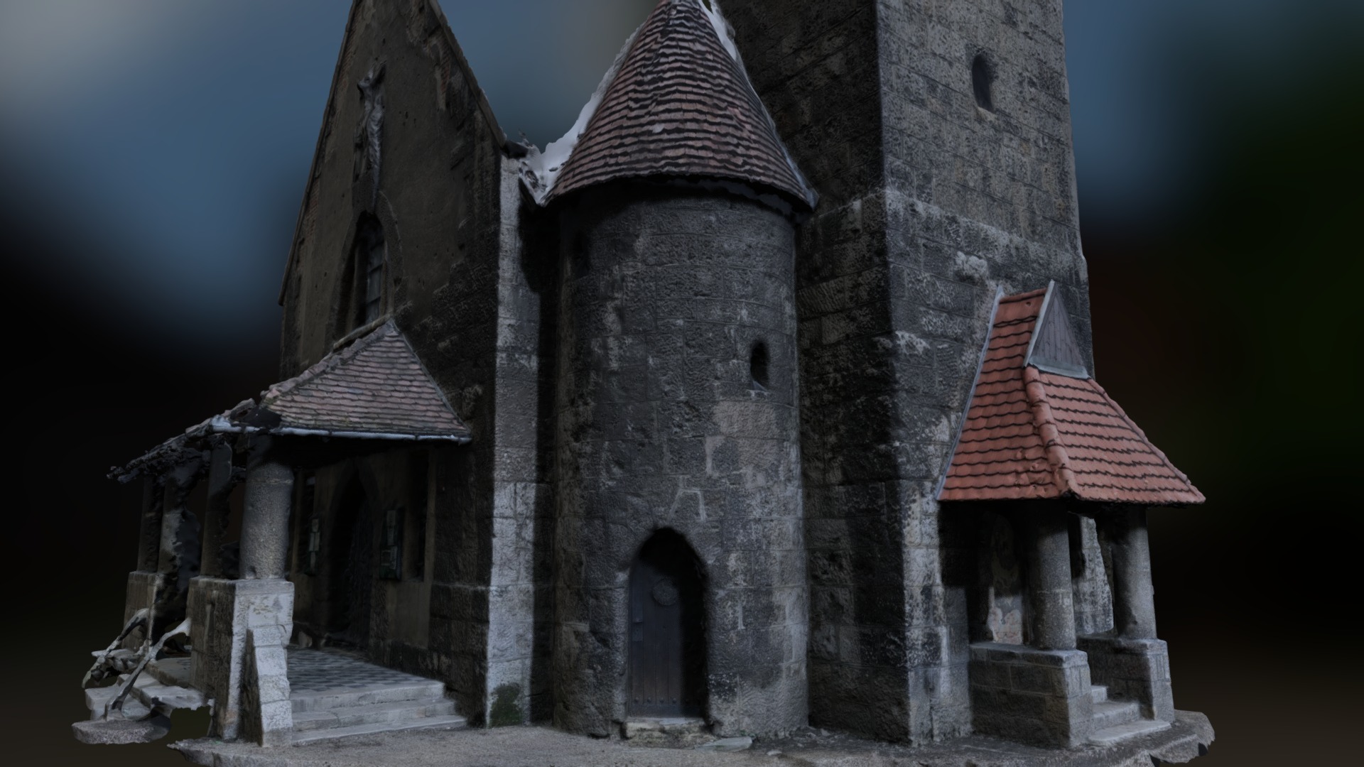 3D model Haunted Church in Budapest (partial scan) - This is a 3D model of the Haunted Church in Budapest (partial scan). The 3D model is about a stone building with a tower.