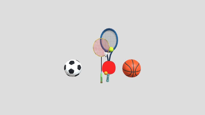 Sports rackets, bats and balls 3D Model