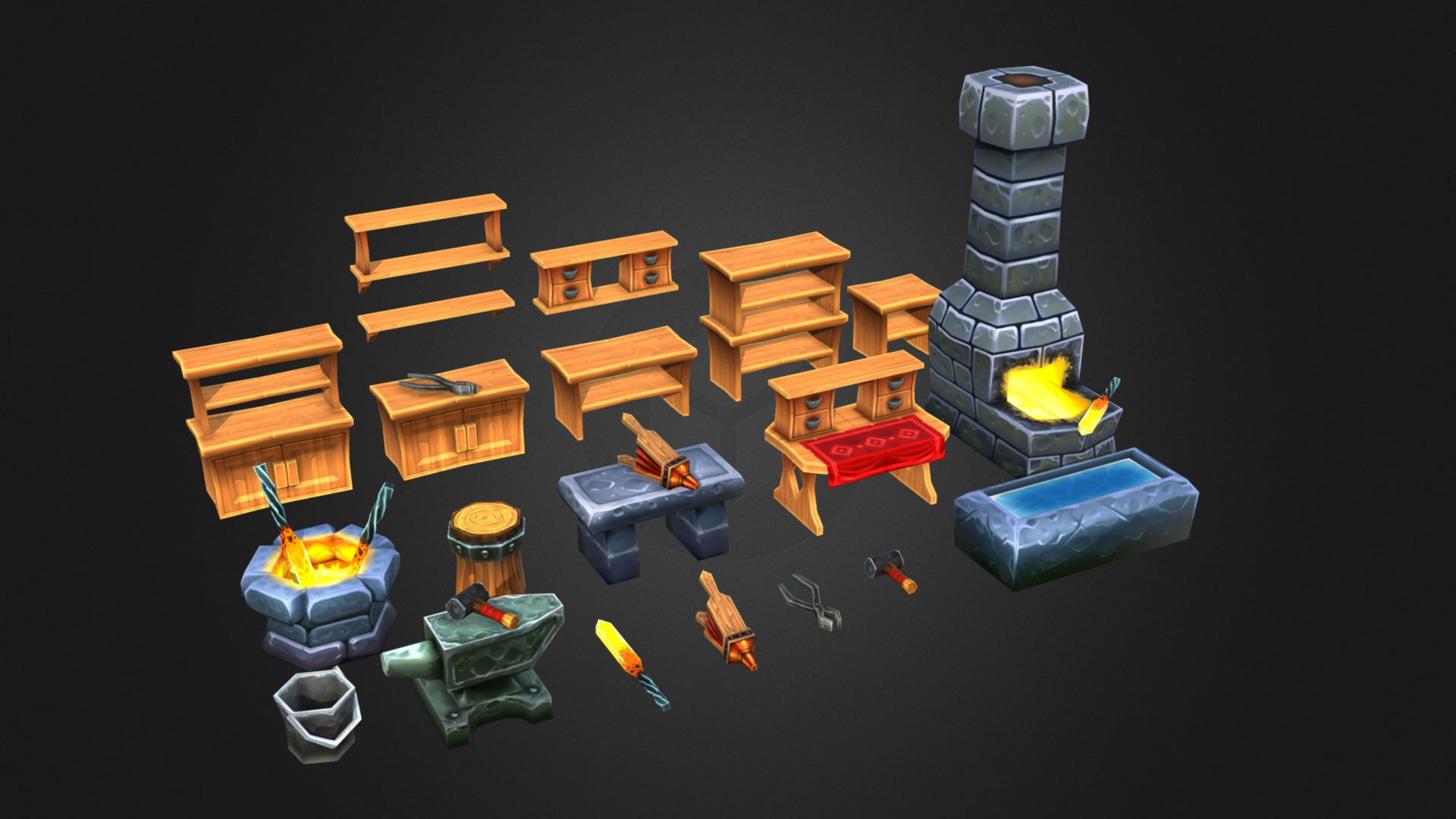3D model Blacksmiths Furniture - This is a 3D model of the Blacksmiths Furniture. The 3D model is about a group of toy buildings.