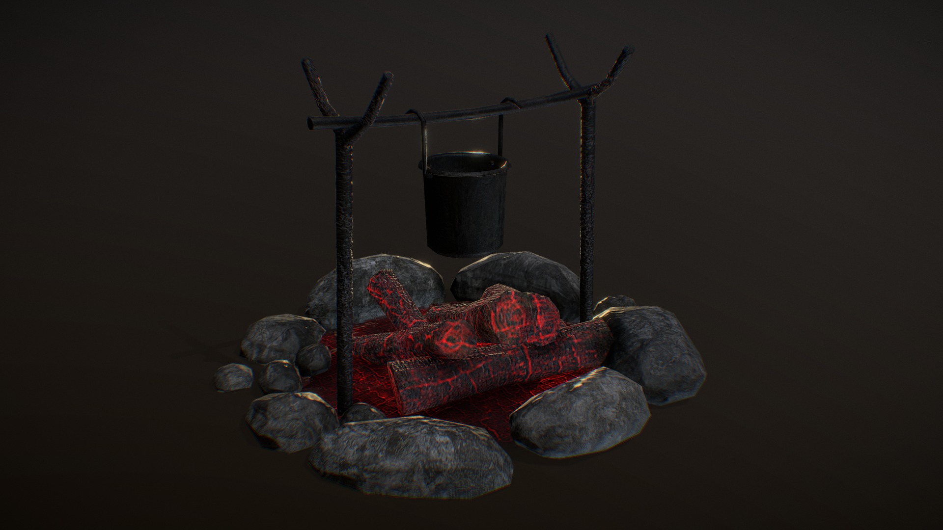 3D model Bonfire and pot - This is a 3D model of the Bonfire and pot. The 3D model is about a fire pit with a bucket and rocks.