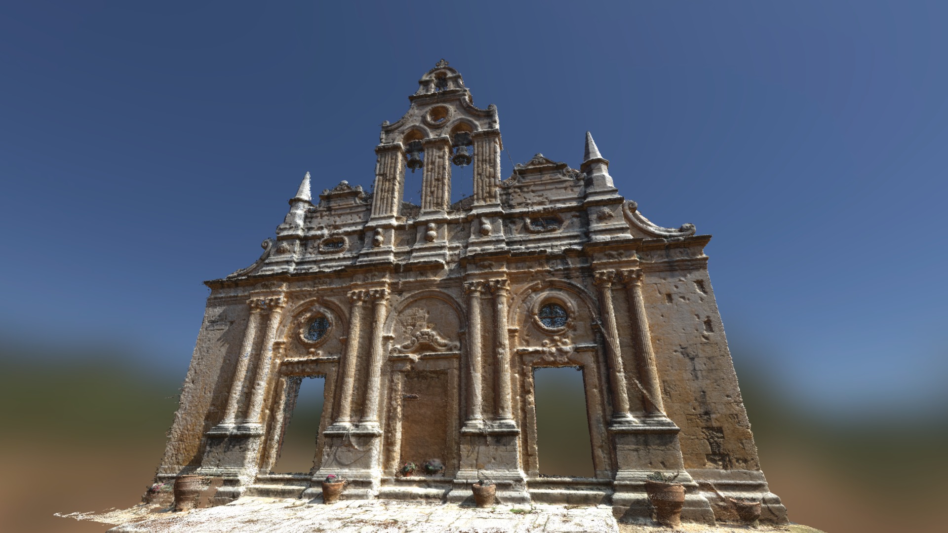 3D model Front Point Cloud of Arkadi Temple Monastery - This is a 3D model of the Front Point Cloud of Arkadi Temple Monastery. The 3D model is about a building with a large tower.