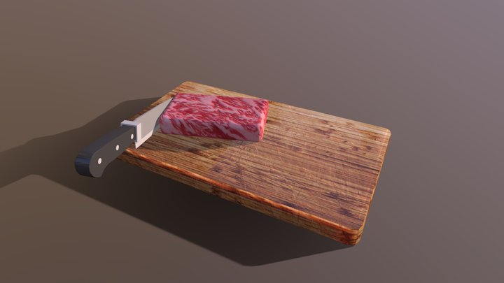 Wood Cutting board with knife and Red Meat 3D Model