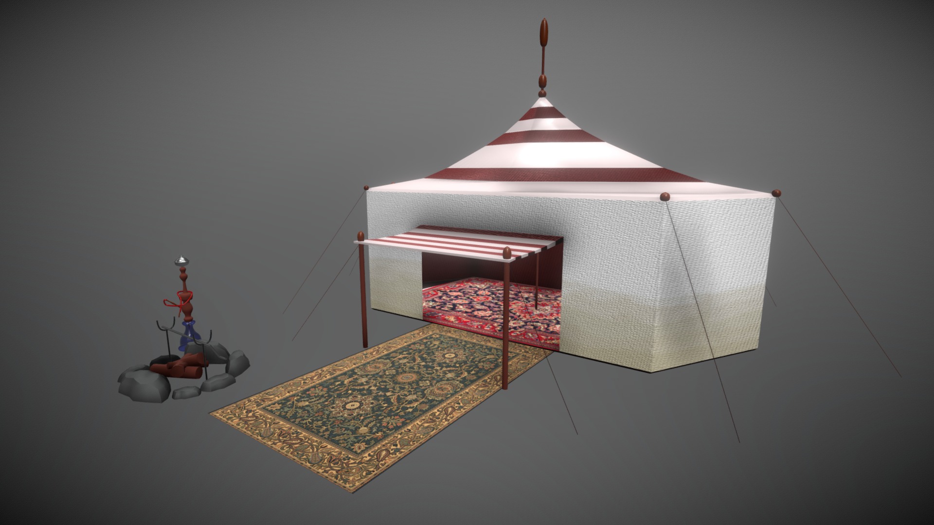 3D model Arabic Tent - This is a 3D model of the Arabic Tent. The 3D model is about a small bed with a red and white lamp on top.