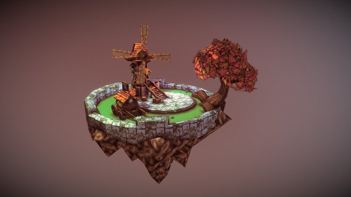 Lowpoly Floating Island and Windmill 3D Model