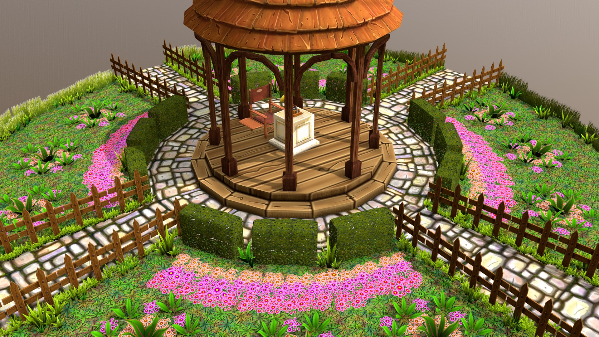 3D model Stylized Garden - This is a 3D model of the Stylized Garden. The 3D model is about a table and chairs in a garden.
