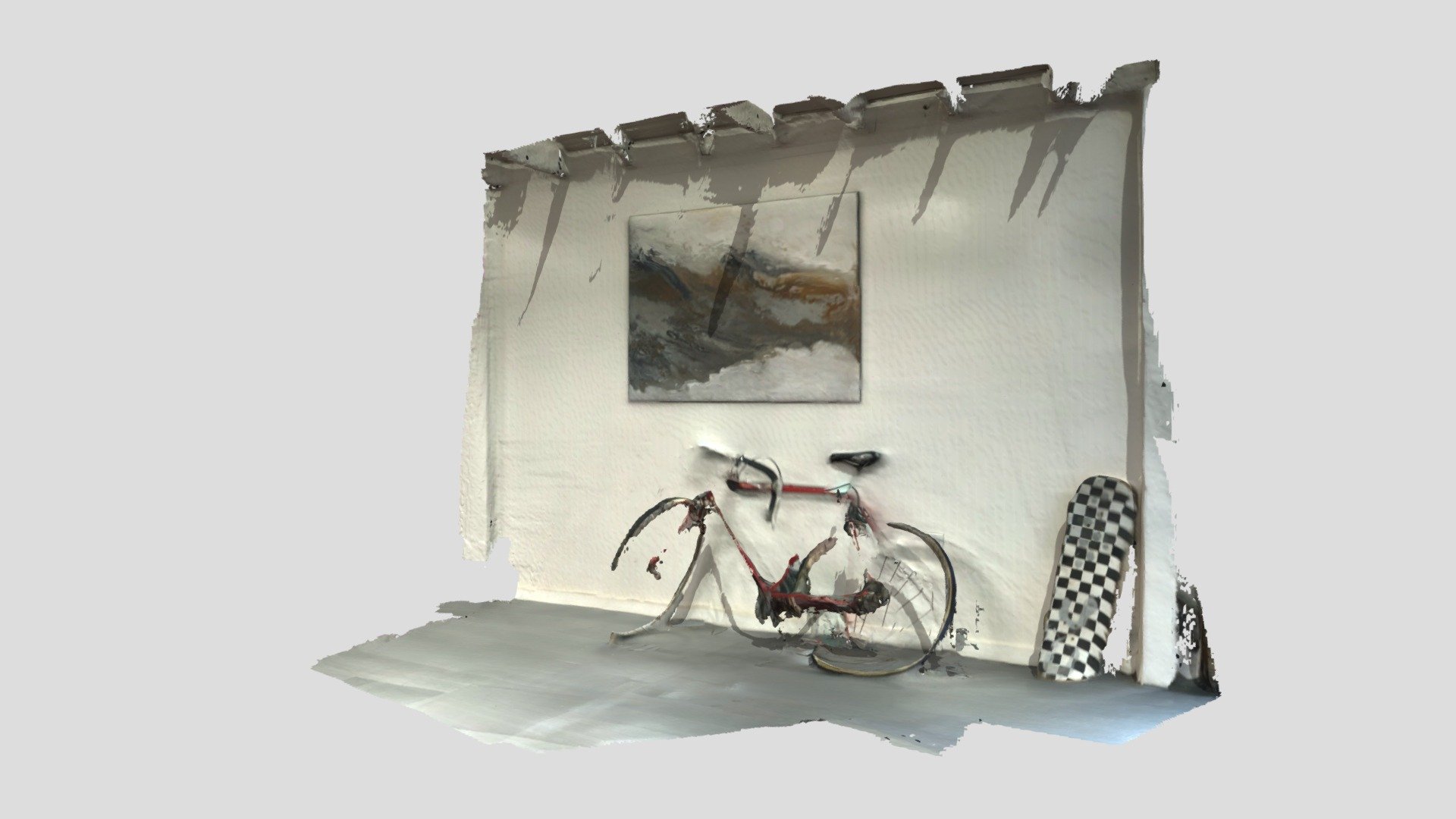 Bike and Skateboard in front of Wall