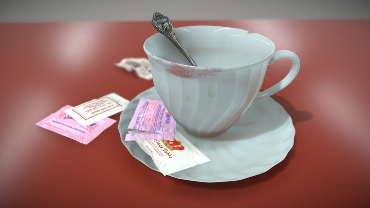 Coffee Cup with Sweeteners and Souvenir Spoon 3D Model