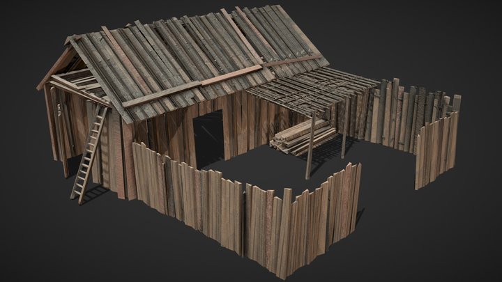 Modular old wooden barn and fence 3D Model