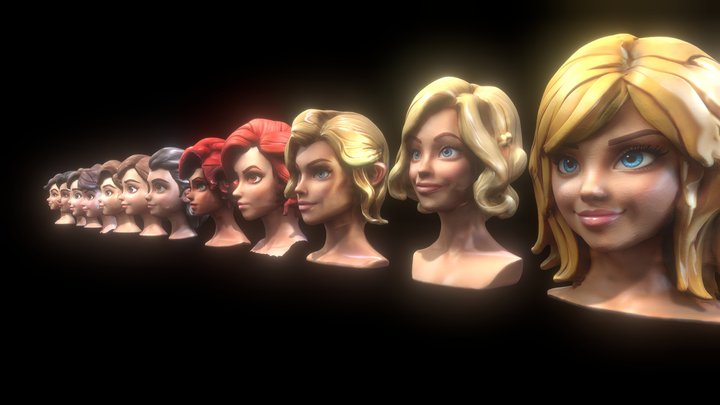 12x Stylized Women's Heads 3D Model