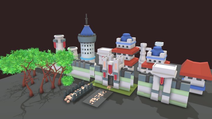 Medieval city wall assets - low poly Modular 3D Model