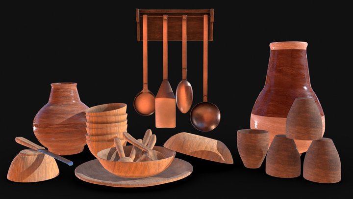 Wooden tableware pack for antique kitchens 3D Model