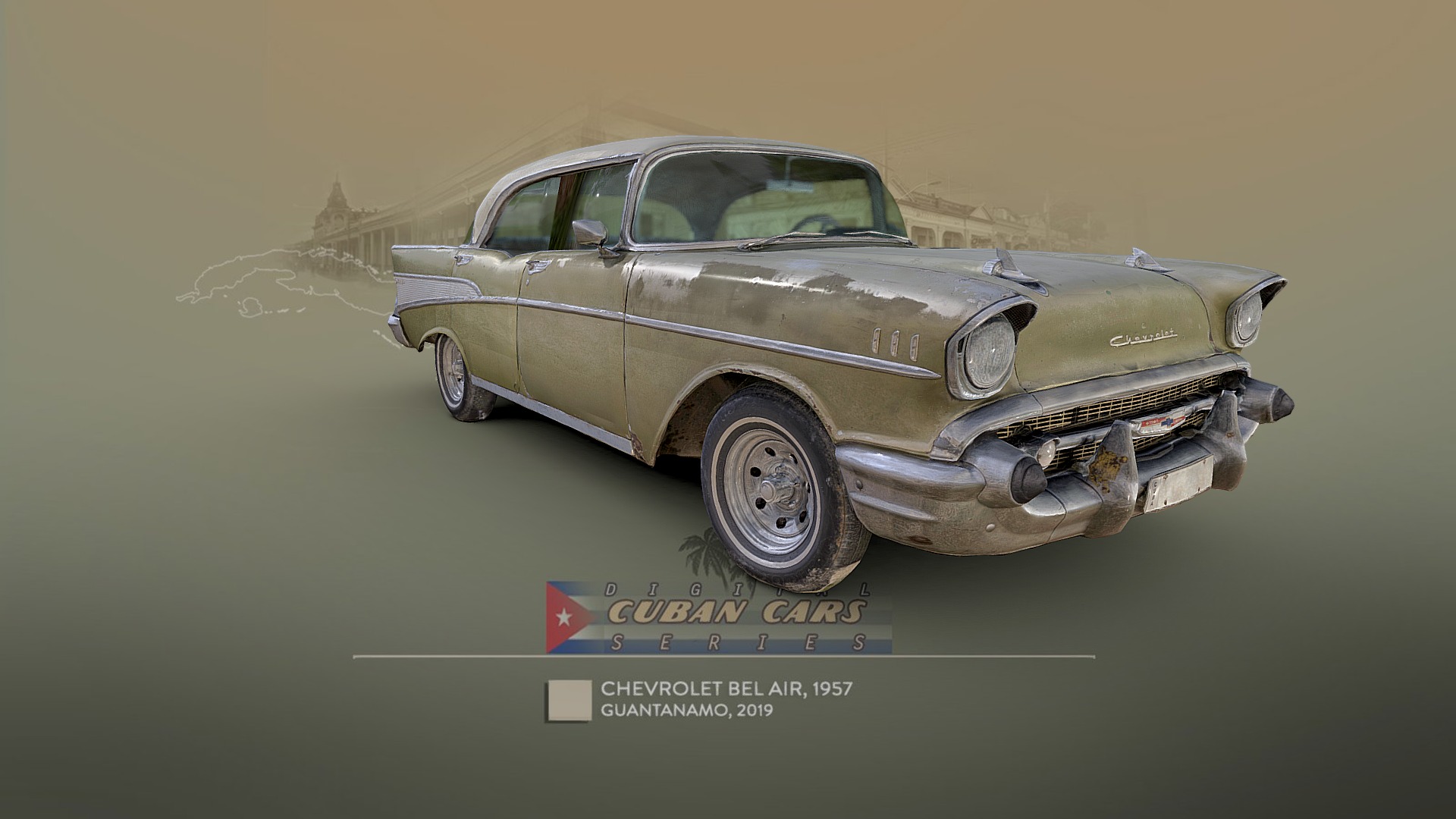 3D model Chevrolet 1957 Bel Air, Guantanamo, Cuba - This is a 3D model of the Chevrolet 1957 Bel Air, Guantanamo, Cuba. The 3D model is about a car with a sign on it.