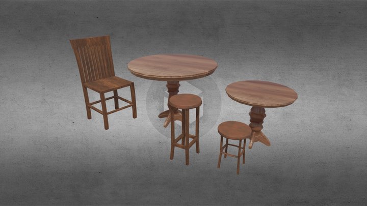 Old Vintage Bar Table Chairs 3D Model