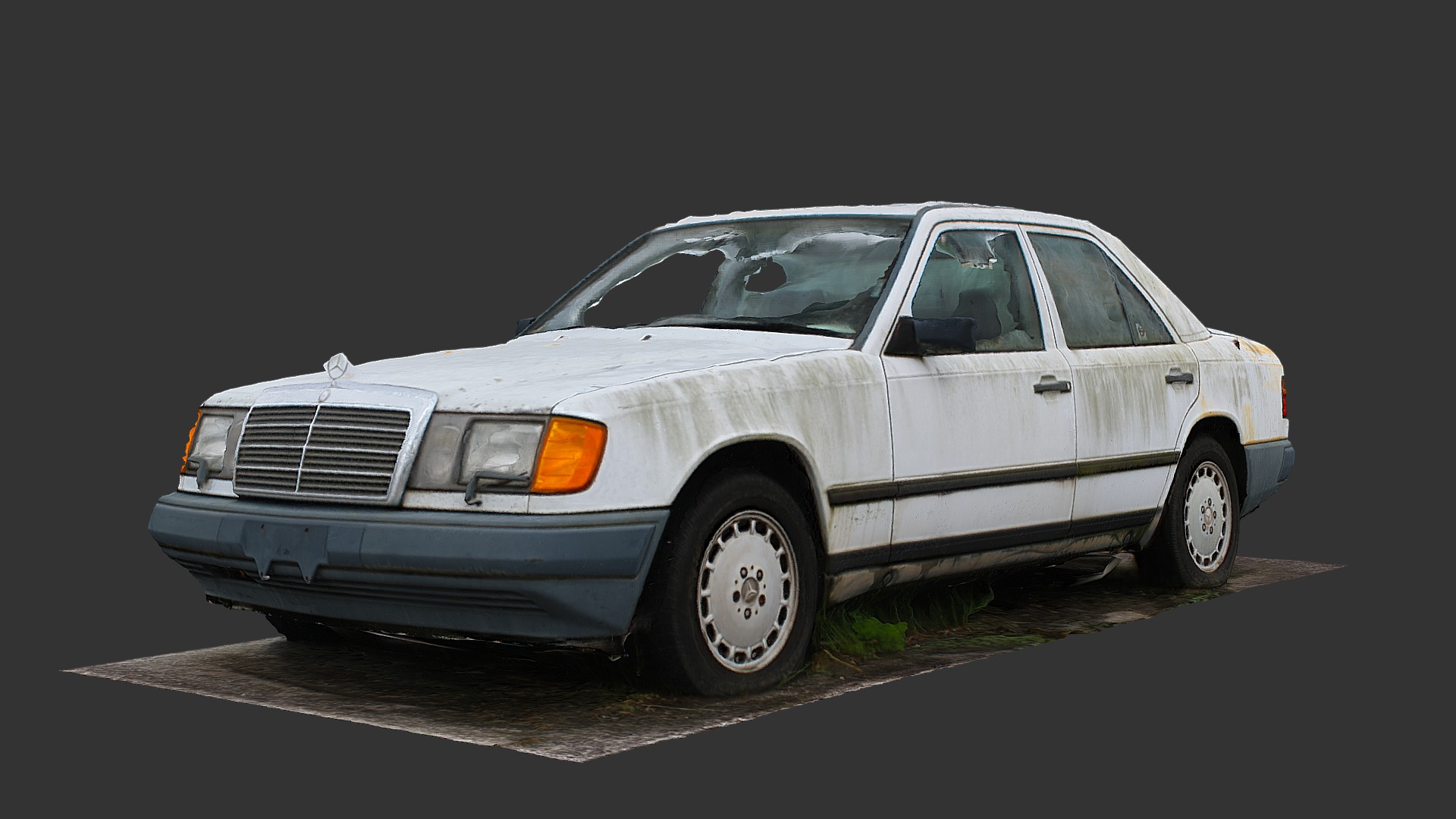 3D model Abandoned Car (Raw Scan) - This is a 3D model of the Abandoned Car (Raw Scan). The 3D model is about a white car parked on a road.