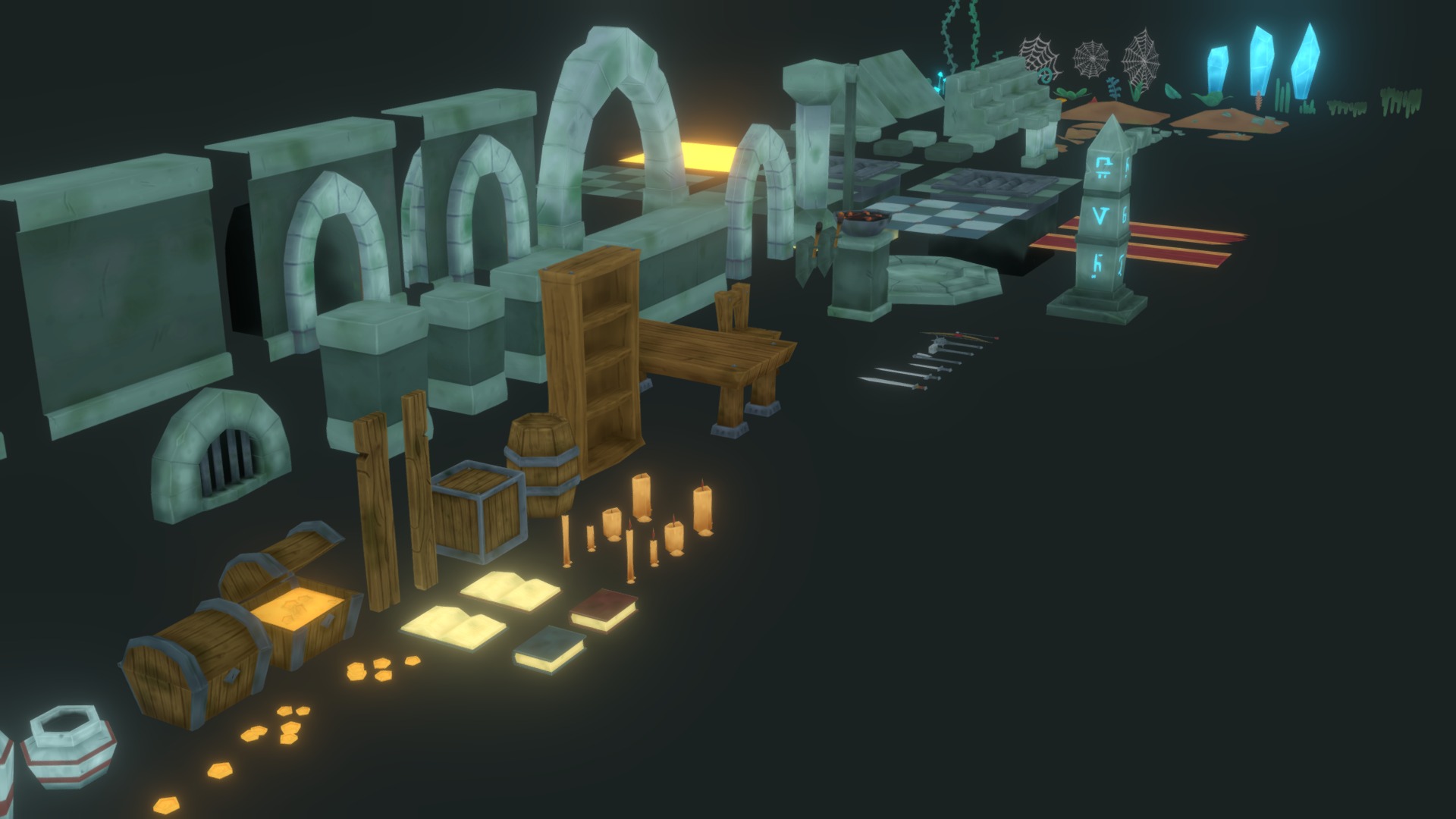 3D model Dungeon Level Assets - This is a 3D model of the Dungeon Level Assets. The 3D model is about a group of chairs and tables with candles on them.