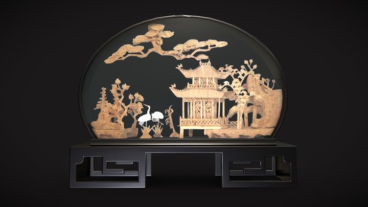 LowPoly Chinese Carved Cork Diorama 3D Model
