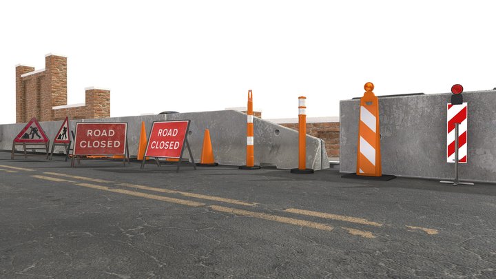 Road Traffic Cones signs and jersey barriers 3D Model