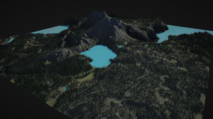 Mountain with rivers and lakes, forest. 3D Model
