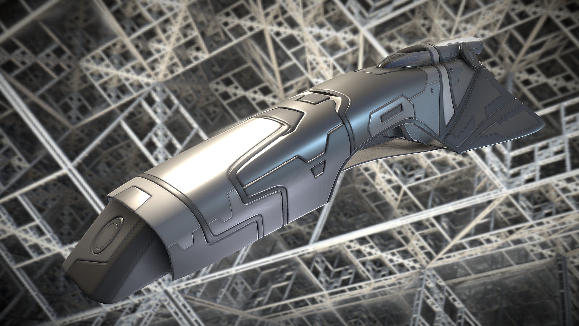 3D model Spaceship Keeper High-Poly-Version - This is a 3D model of the Spaceship Keeper High-Poly-Version. The 3D model is about a silver and black gun.