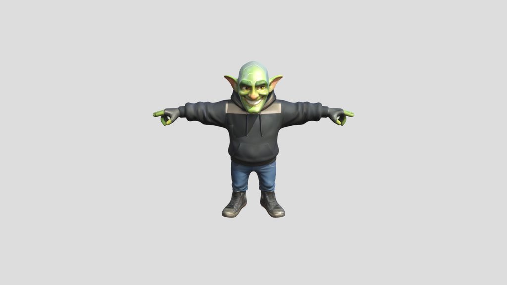 Green goblin-like character in hoodie