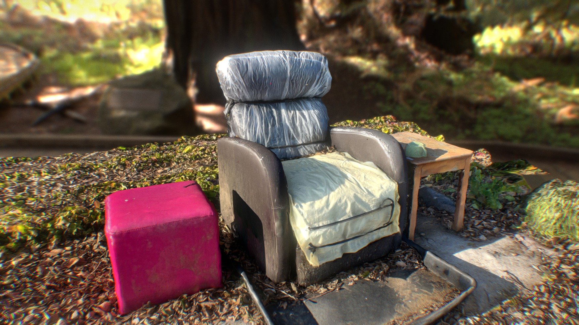 A single chair placed along the river
