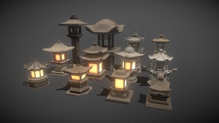 12 Stone Lanterns 3D Model