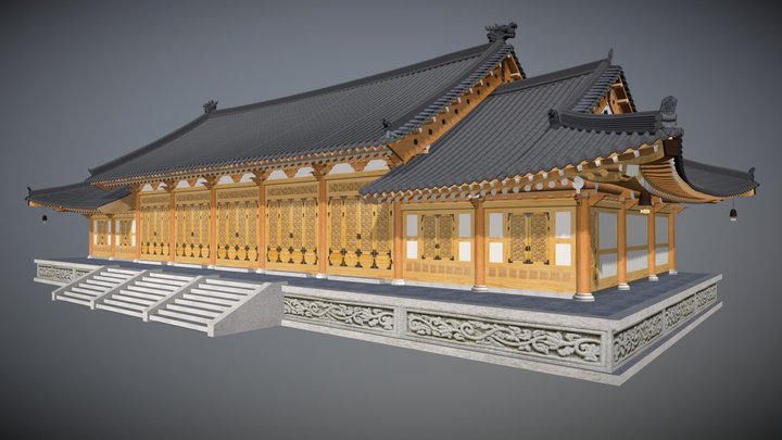 Korean traditional large towering wooden house 3D Model