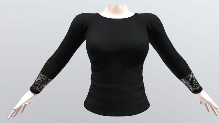 Female Lace Sleeves Black Blouse 3D Model