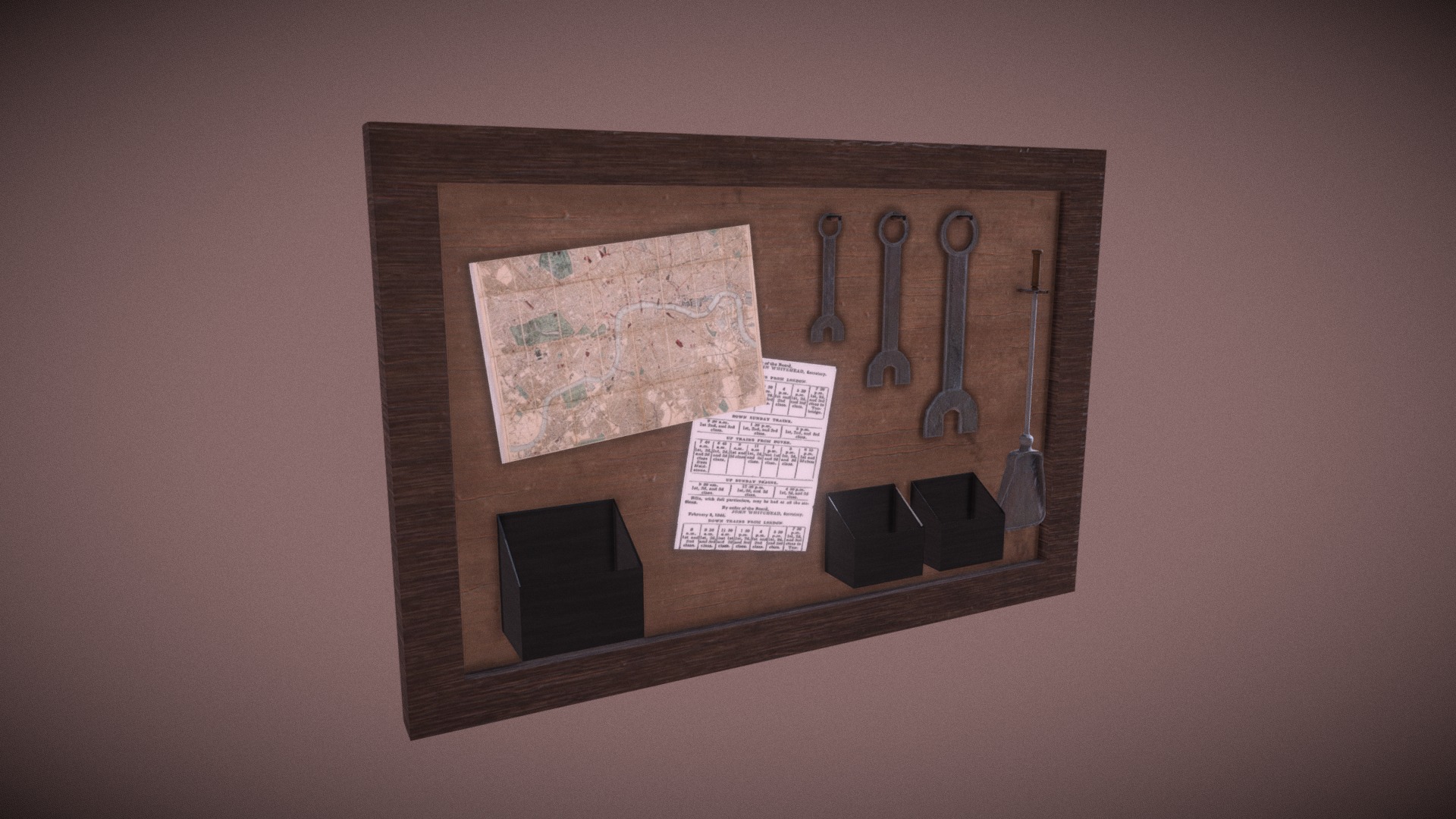 3D model Toolshelf - This is a 3D model of the Toolshelf. The 3D model is about a wooden board with a sign on it.