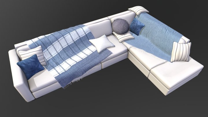 Leather Couch, Cushions+Blankets 3D Model