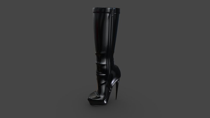 Shiny Black High Heel Calf Boots 3D Model
