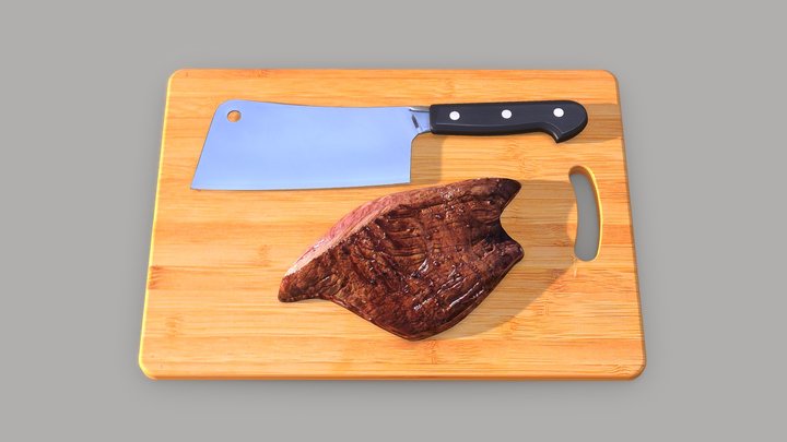 Wooden Board With Hatchet And Grilled Meat 3D Model