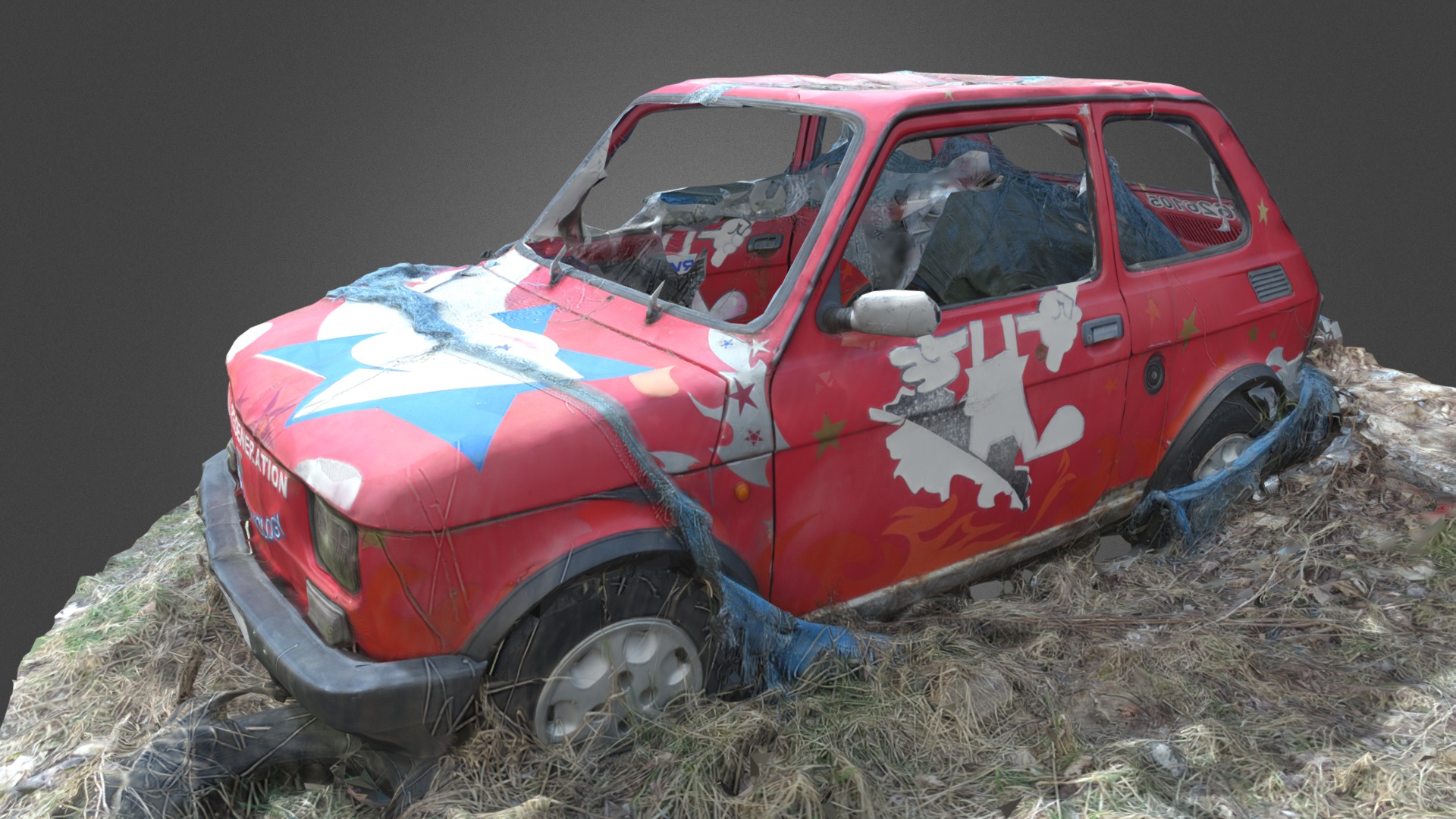 3D model Fiat 126p Abandoned Car - This is a 3D model of the Fiat 126p Abandoned Car. The 3D model is about a red car with a cartoon character on it.