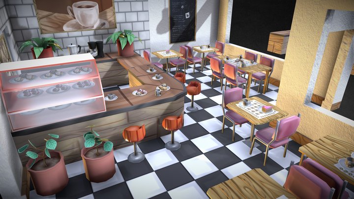 Coffee shop assets lowpoly 3D Model