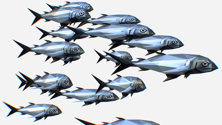 Animated Low Poly Art Flock Grey Sea Fish 3D Model