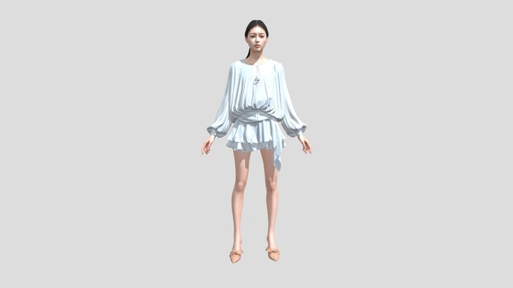 Rigged Female Character in Blue Ruffle Dress