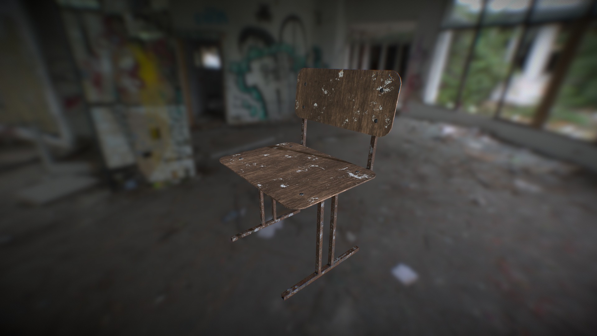 3D model School chair (old rusty) - This is a 3D model of the School chair (old rusty). The 3D model is about a wooden chair on a wood floor.