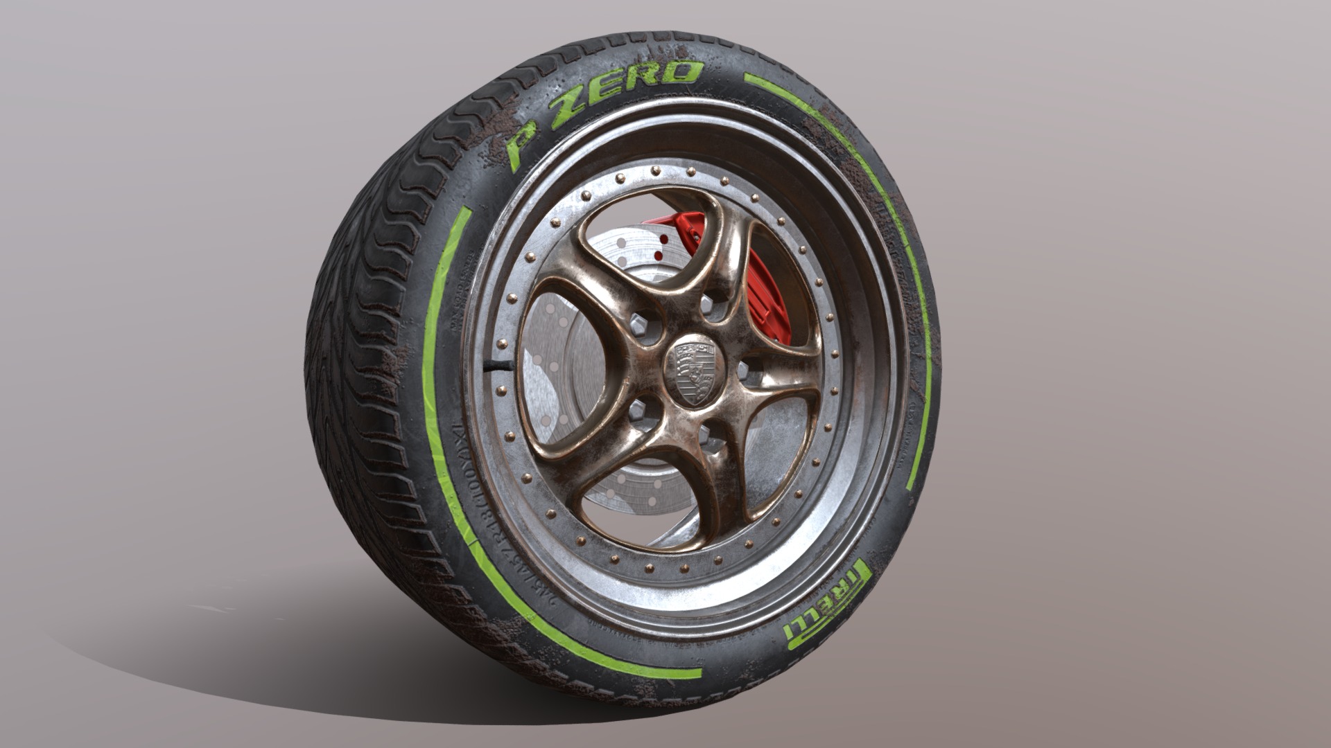 3D model Dirty Porsche Rim and Tire - This is a 3D model of the Dirty Porsche Rim and Tire. The 3D model is about a close up of a car tire.