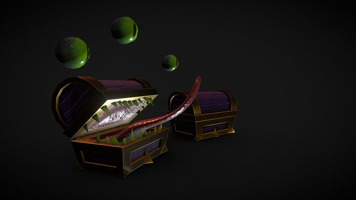 low poly Hand Painted PBR mimic and chest 3D Model