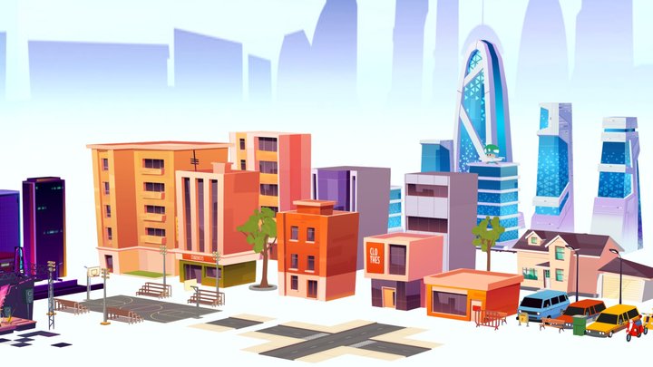 LOWPOLY CITY STREET PACK BUILDINGS STYLIZED 3D Model