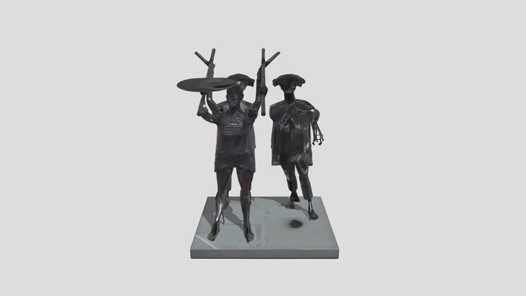 Metal sculpture of two fishermen.
