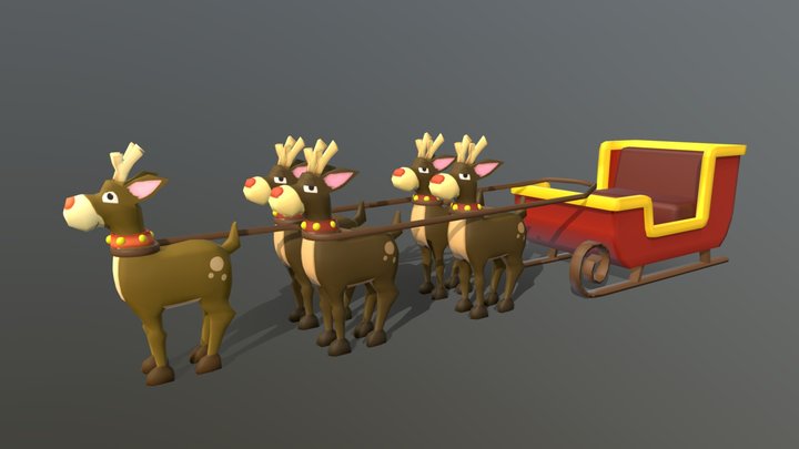 Santa Sleigh With Deers 3D Model