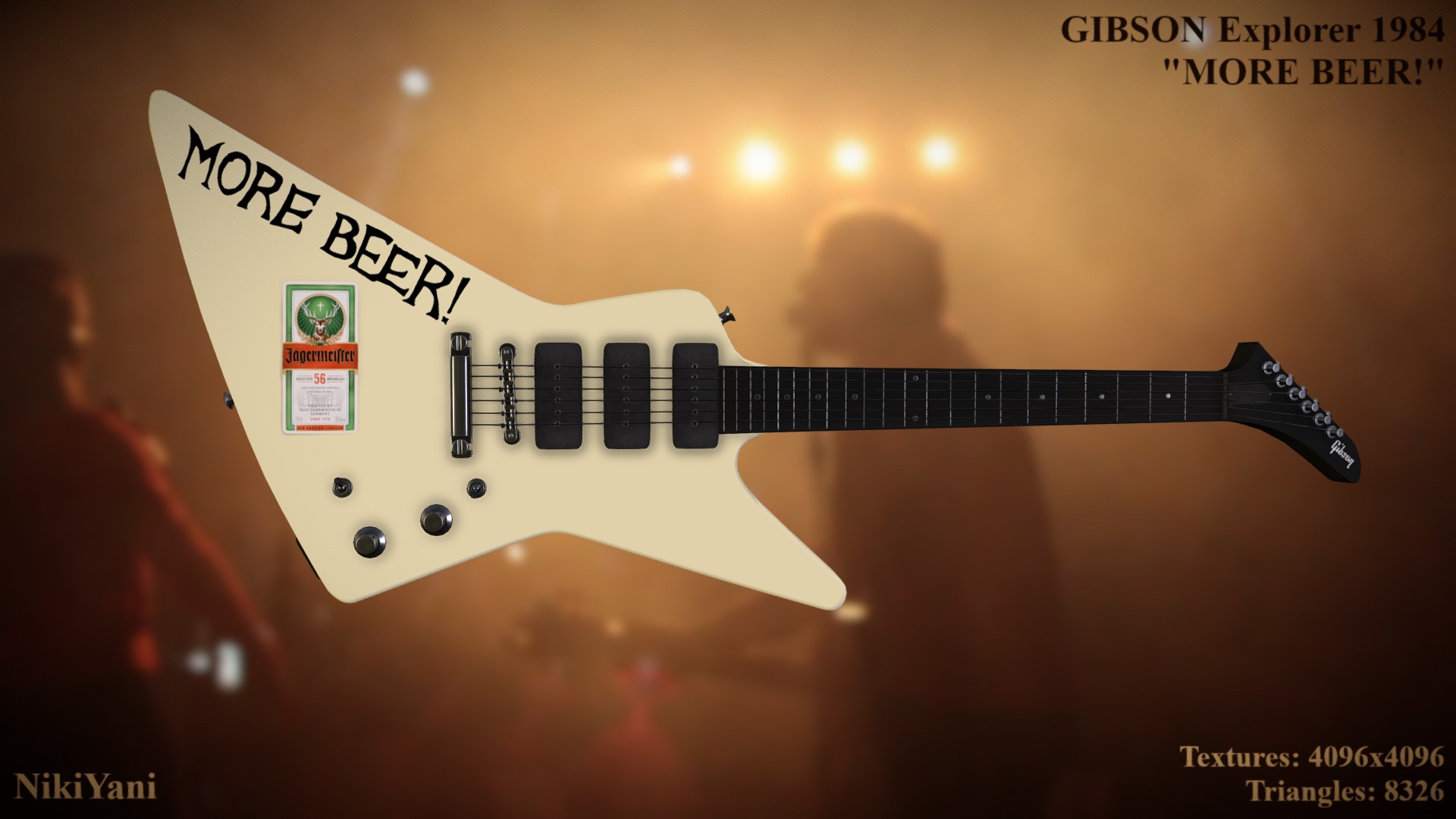 3D model 1984 Gibson Explorer "MORE BEER!" - This is a 3D model of the 1984 Gibson Explorer "MORE BEER!". The 3D model is about a guitar on a stand.