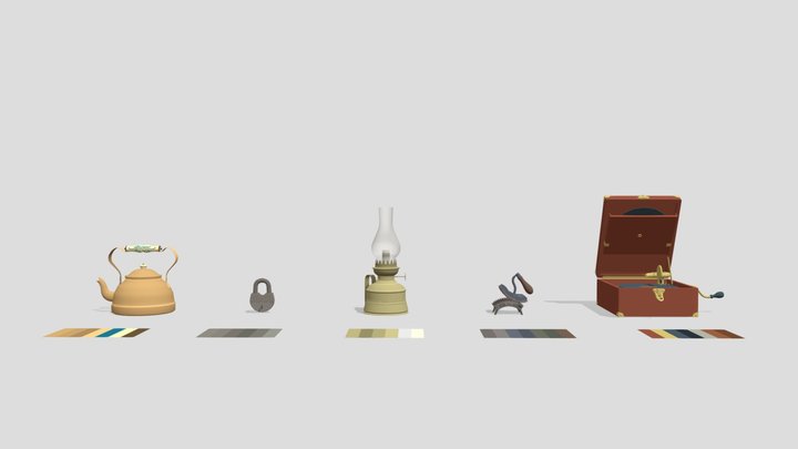 Kettle / Lock / Iron / Oil lamp / Gramophone 3D Model