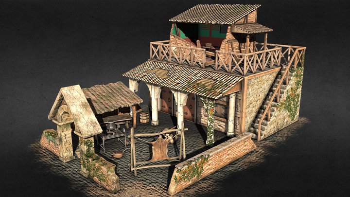 Viking settlement in derelict Roman Villa 3D Model