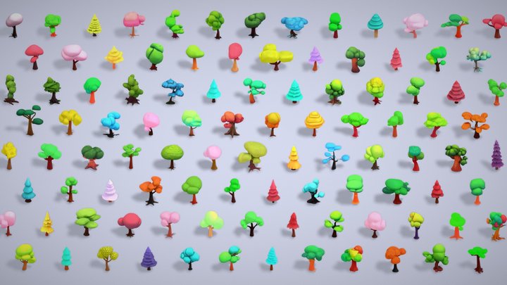 100 Stylized Tree Pack - Low Mid Poly Collection 3D Model