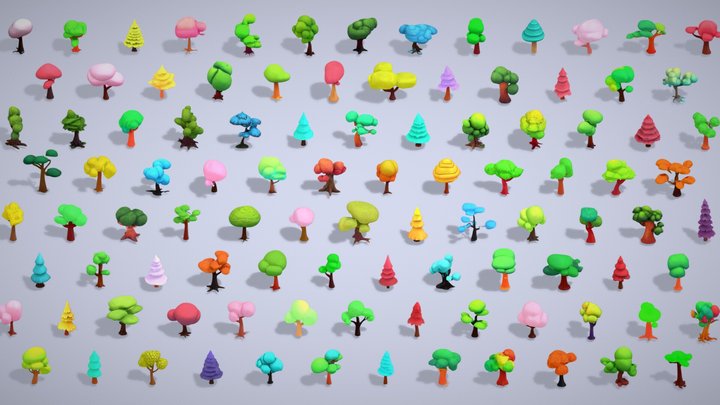 100 Stylized Tree Pack - Low Mid Poly Collection 3D Model