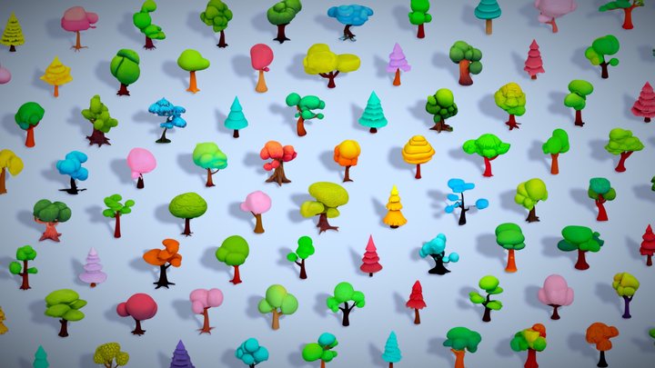 100 Stylized Tree Pack - Low Mid Poly Collection 3D Model