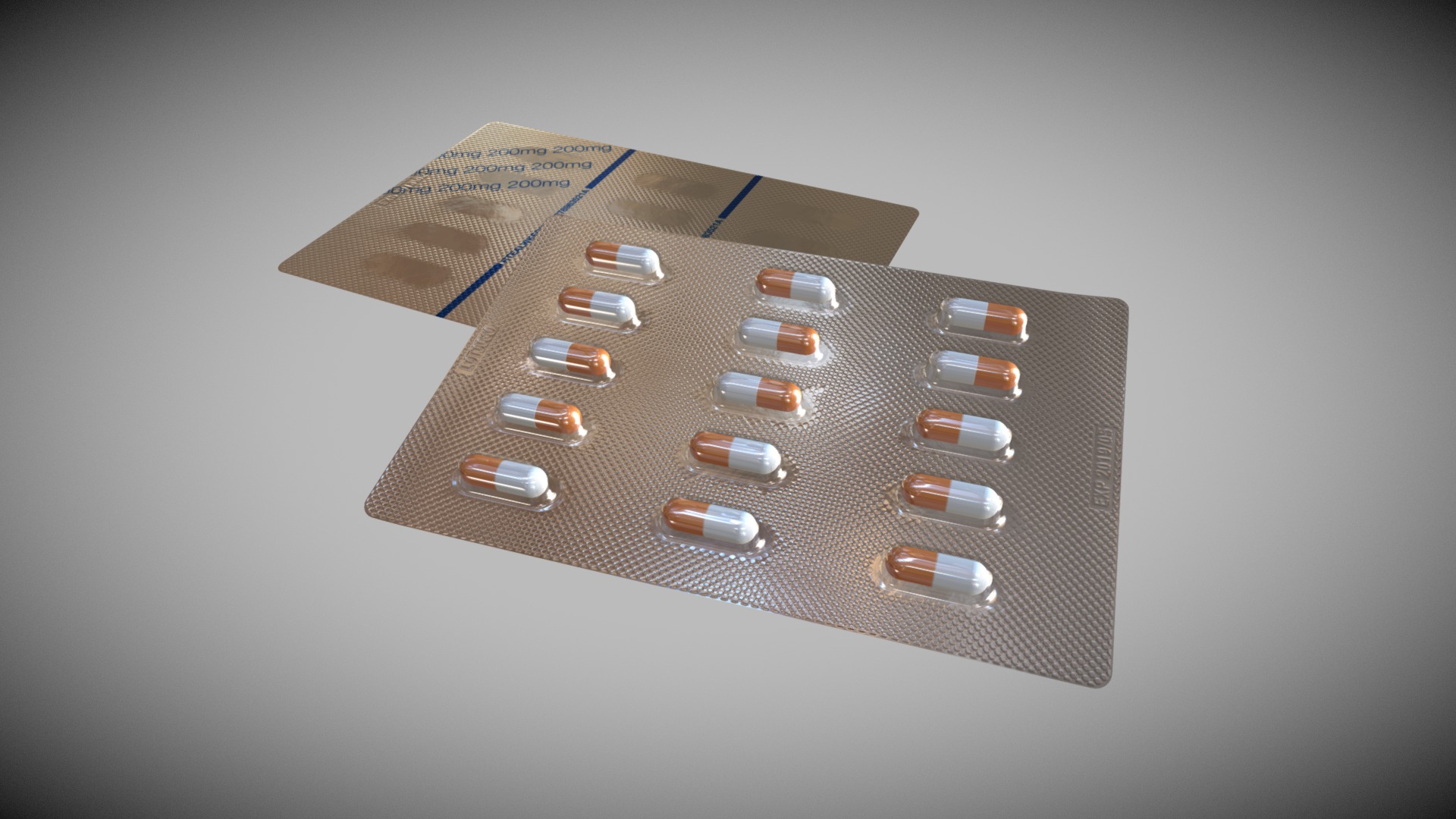 3D model Pills strip, blister pack - This is a 3D model of the Pills strip, blister pack. The 3D model is about a box with a label on it.