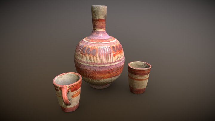 Game-ready handpainted clay mug and jug set 3D Model